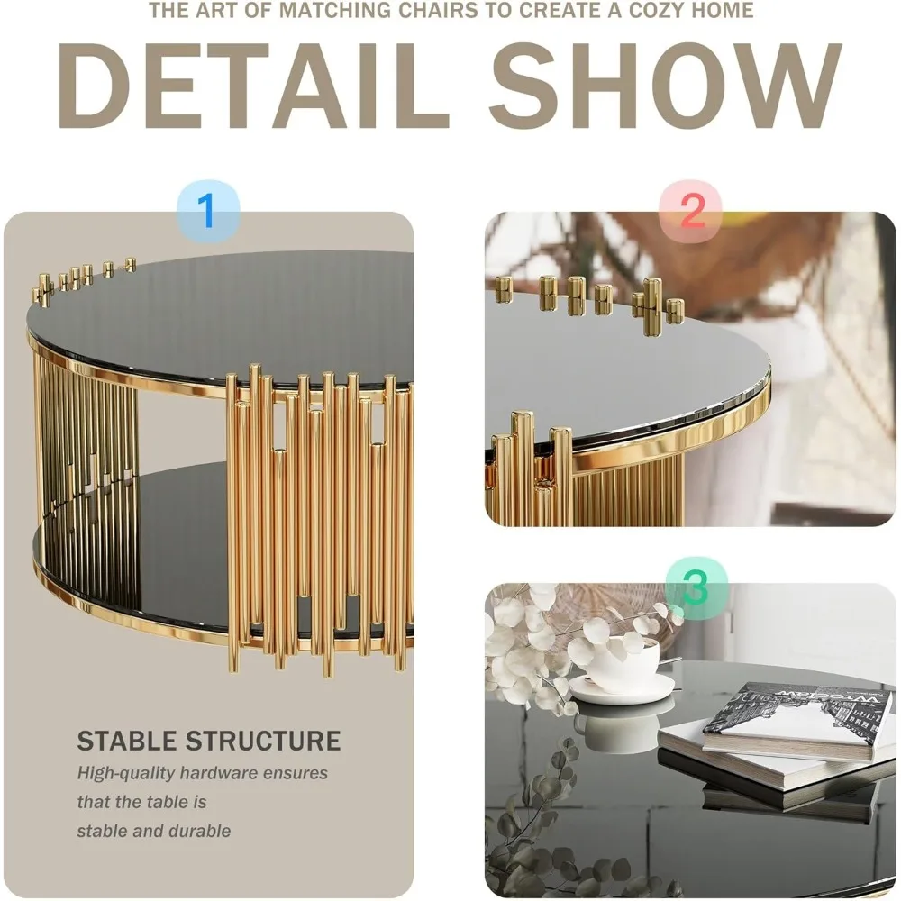 طاولة قهوة زجاجية مستديرة مقاس 36 بوصة، طاولة مركزية سوداء فاخرة حديثة، طاولة غرفة المعيشة، طاولات كوكتيل غير منتظمة الساق من الفولاذ المقاوم للصدأ