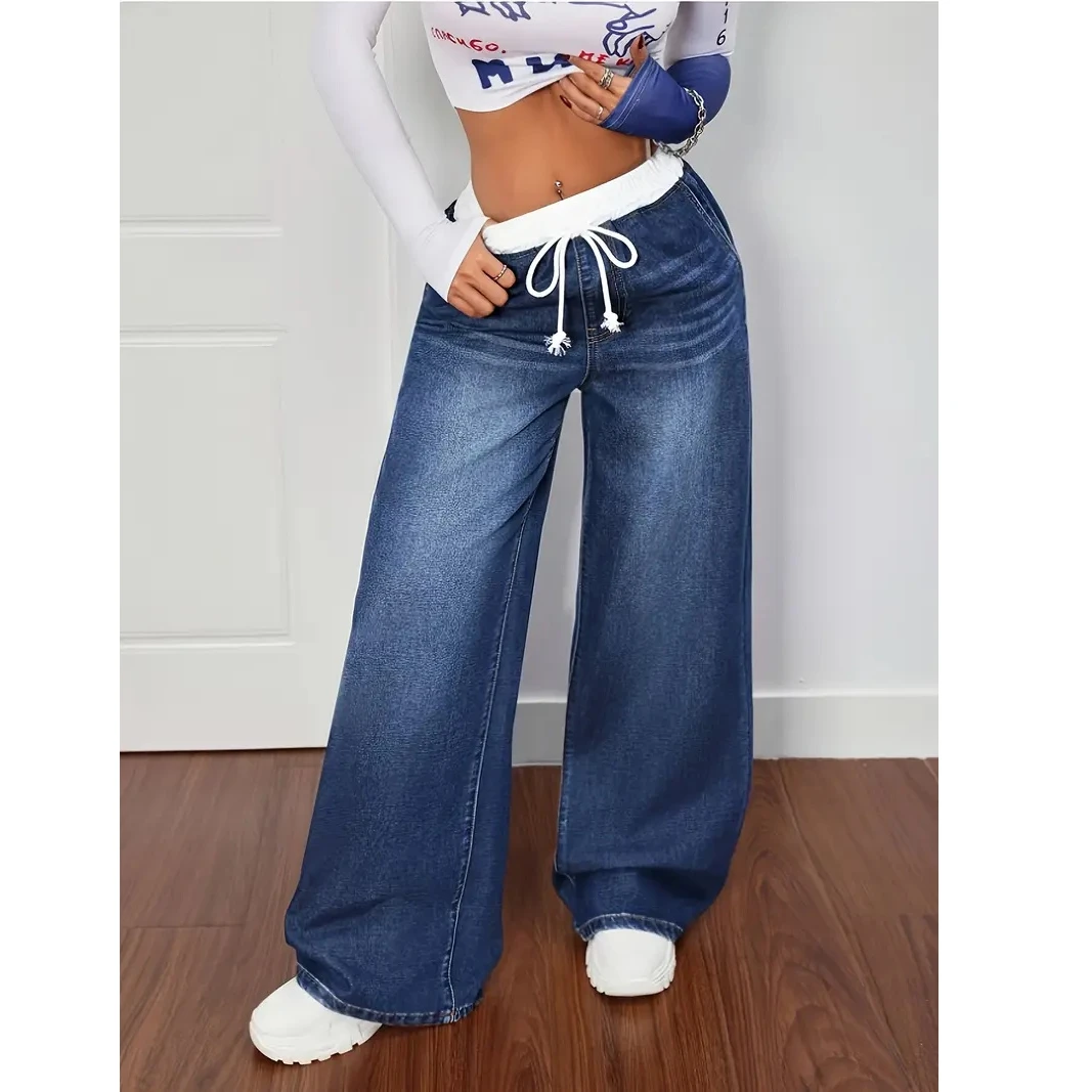 Plus Size Women's Jeans Elastic Drawstring Waist Casual Fashion Wide Leg Pants Suitable for Travel And Street Style