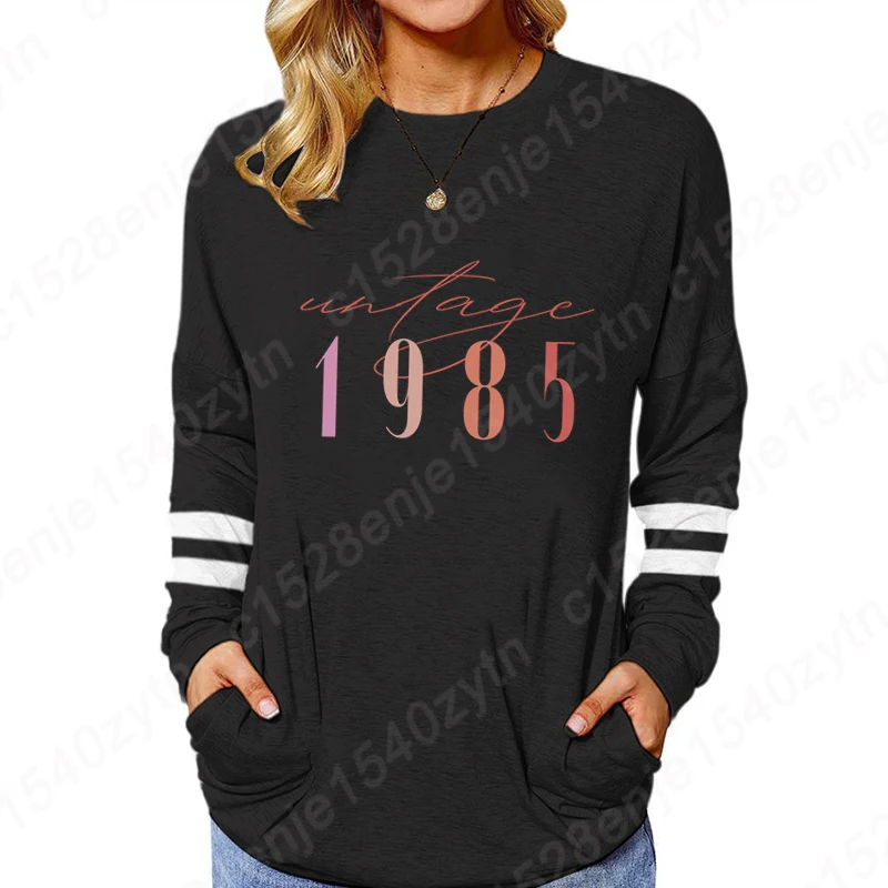 Long Sleeve Pocket Sweatshirts Women Vintage 1985 Birthday Print Gift Blouses Funny Birthday Party Sweatshirts Retro Causal Tops