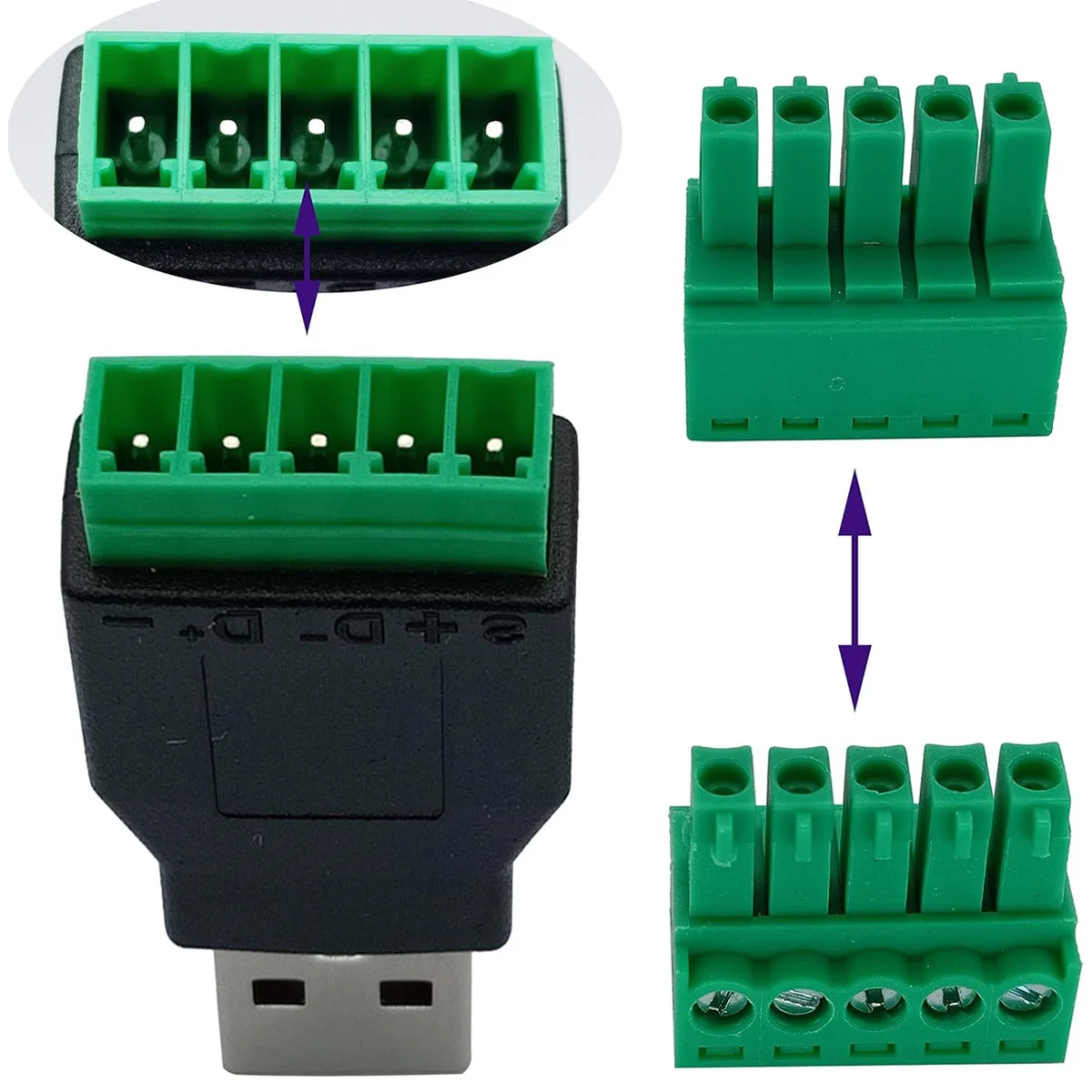 2PCS USB 2.0 Connector 5-Pin Screw Terminal Block Solderless Male Female Plug Adapter for Computer Keyboard Mouse Phone DIY
