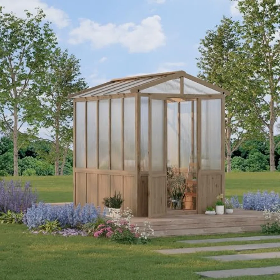 

6x8FT Wooden Greenhouse for Outdoors with Cedar Frame Green Walk-in Greenhouse Kit Featuring 6MM Thick Polycarbonate Panels Gre