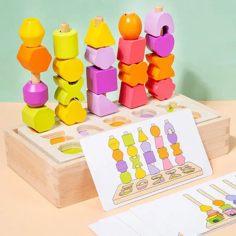 

Toddler Montessori Toys Wooden Beads Sequencing Stacking Block Matching Shape Lacing Beads Threading Fine Motor Skills Toys Kids