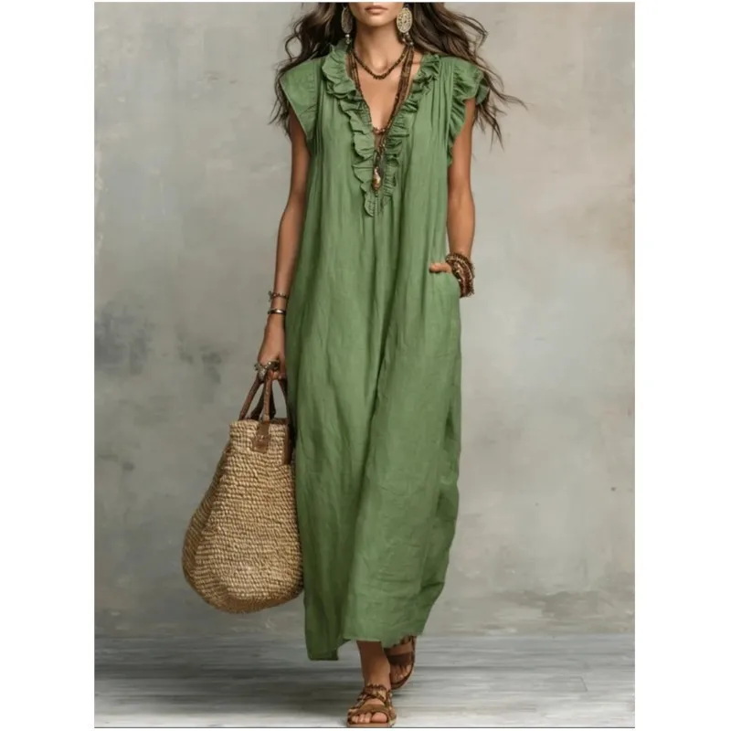 Damenmode 2026 Sommer V-Ausschnitt Rüschen Locker Maxi-Kleid Elegant Einfarbig mit Taschen Lässiges Ärmelloses Urlaubs-Strandkleid für Frauen