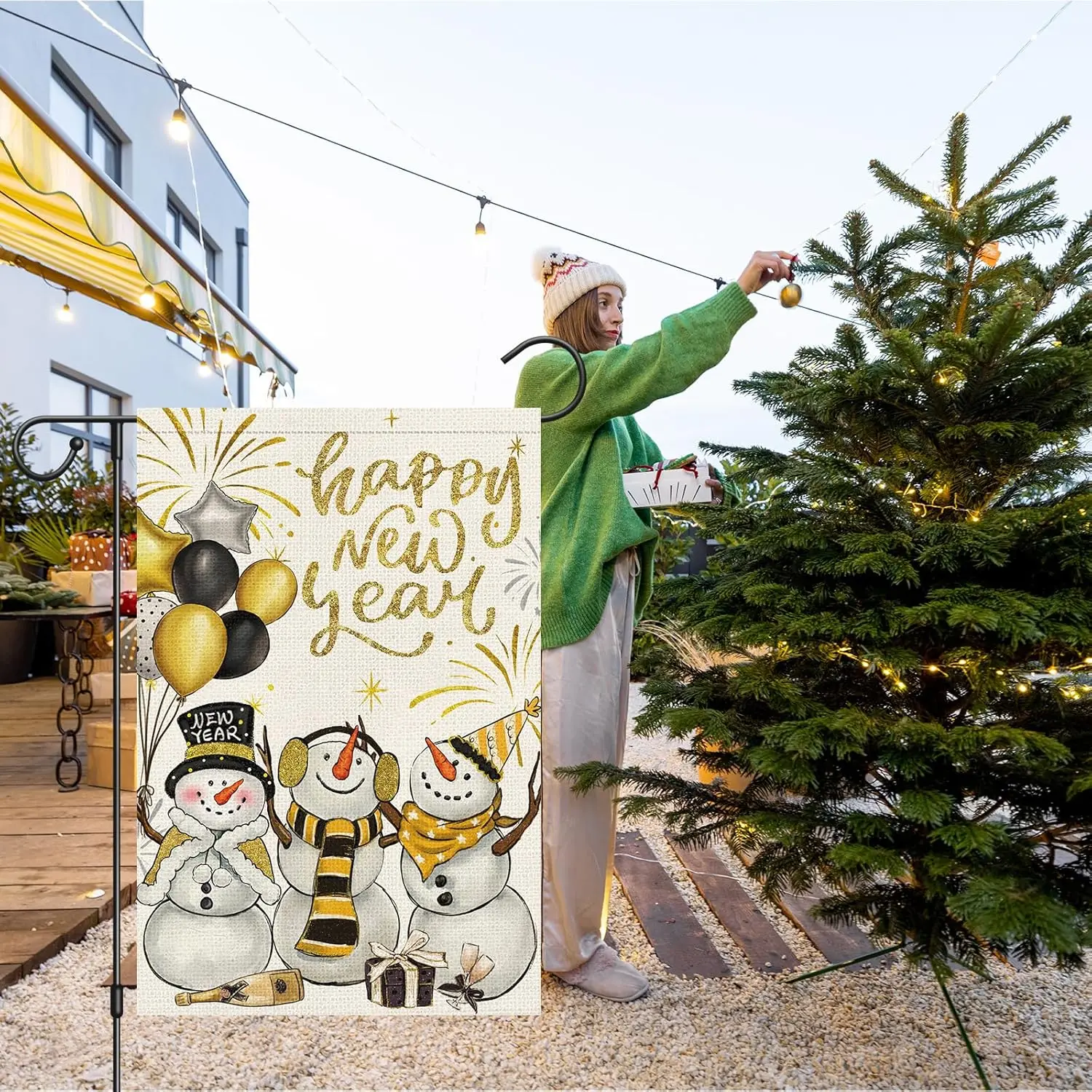 Heyfibro Happy New Year Winter Snowman Garden Flag Christmas Firework Yard Flags 12x18 Inch Double Sided Burlap Balloon Cele EEZ