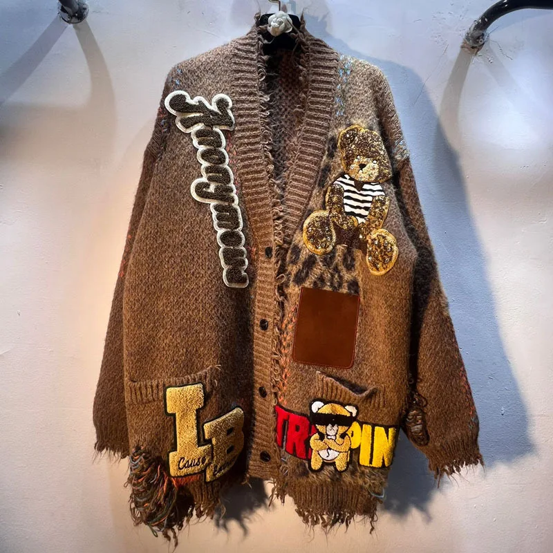 WTHT Fashion Women's Spliced Plush Badge Hole Knit Cardigan 2025 Winter Trendy V-neck Long Sleeves Sweater Female 1LS2771