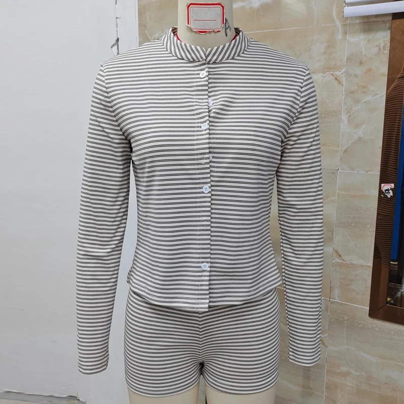 2 Pieces Striped Long Sleeve Slim Fit Button Down Cardigans Crop Tops Shirt and Elastic Waist Shorts Set Women Lounge Outfits