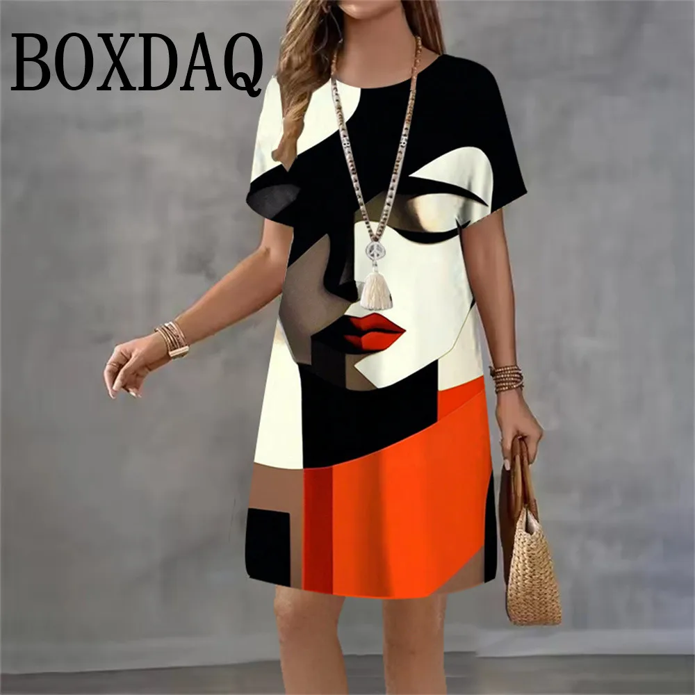 Women Fashion Abstract Hand Face Pattern Printed Dress Summer New 2026 Elegant Casual Women A-Line Dress Short Sleeve Mini Dress