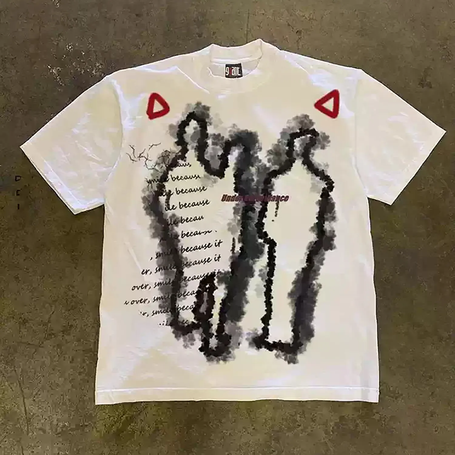 Men's Vintage Ink Smudge Human Silhouette Graphic T-Shirt, Handwritten Script Text & Red Triangle Accent Print Crew Neck Loose Grunge Streetwear Washed Cotton Short Sleeve Tee.