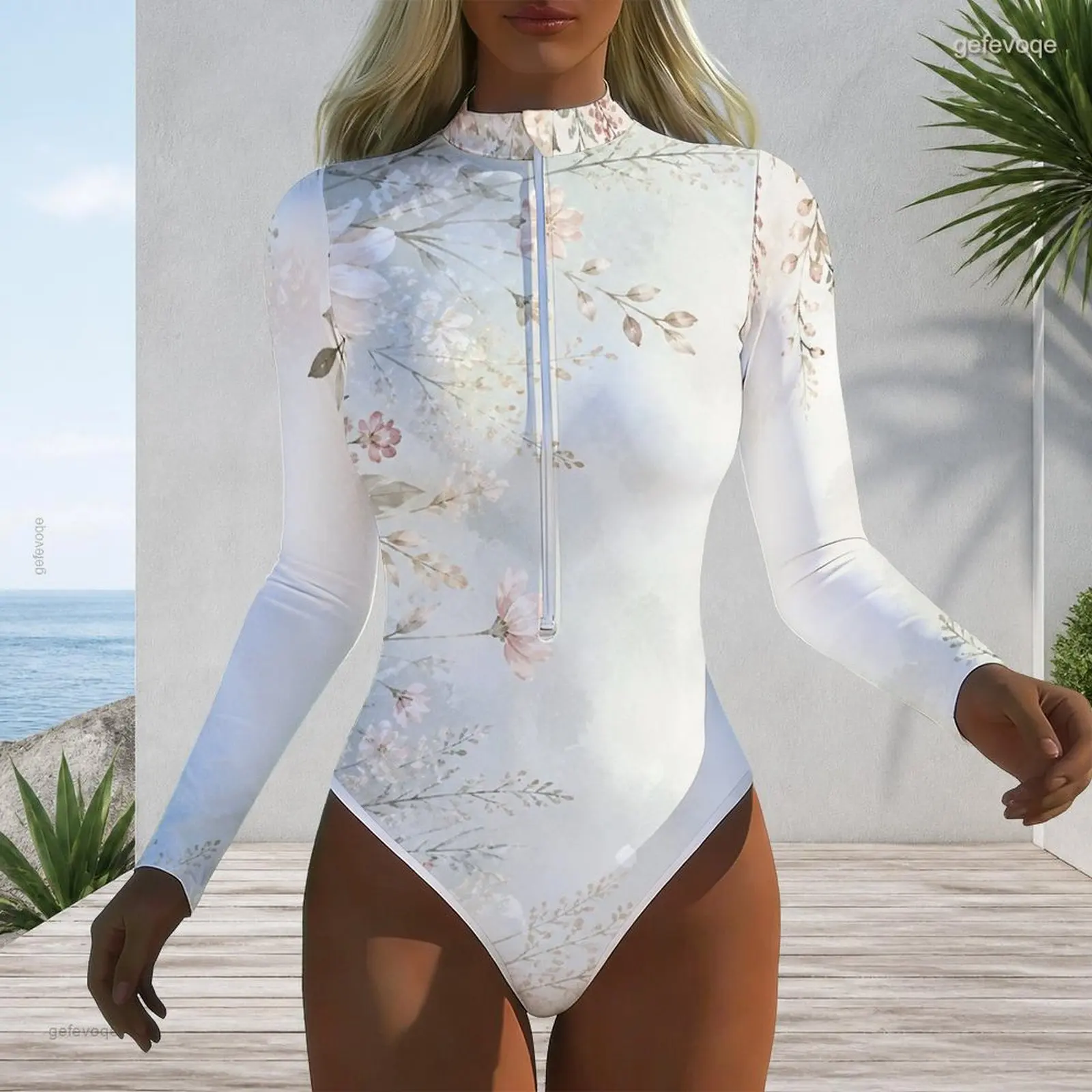Women High Neck Front Zip Long Sleeve One Piece Printed Swimsuit