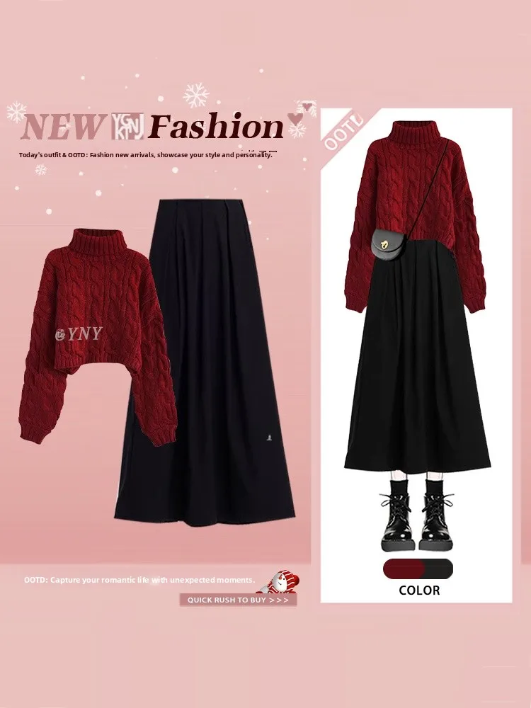 

Красный свитер с высоким воротником и юбка: комплект из двух предметов, женский новогодний наряд, зимний модный ансамбль, вязаная одежда с длинными рукавами