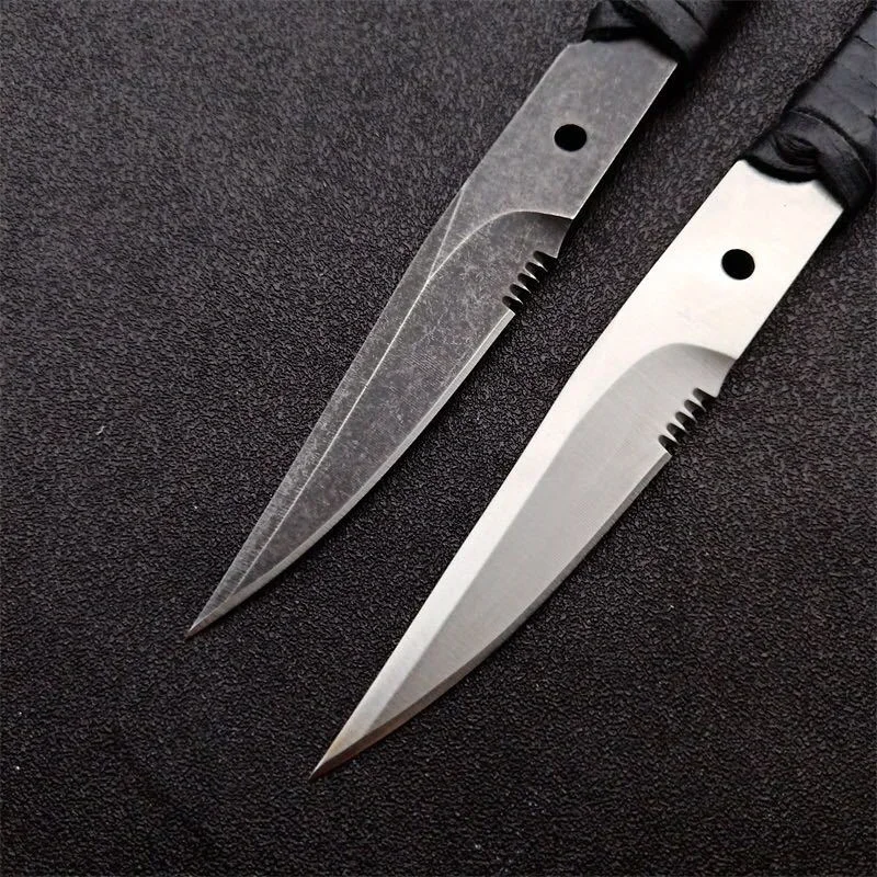 Outdoor EDC Fixed Blade Knife, Full Tang Stonewashed Steel, Built-in Pinky Ring, PU Leather Wrapped Handle Utility Camping Tool