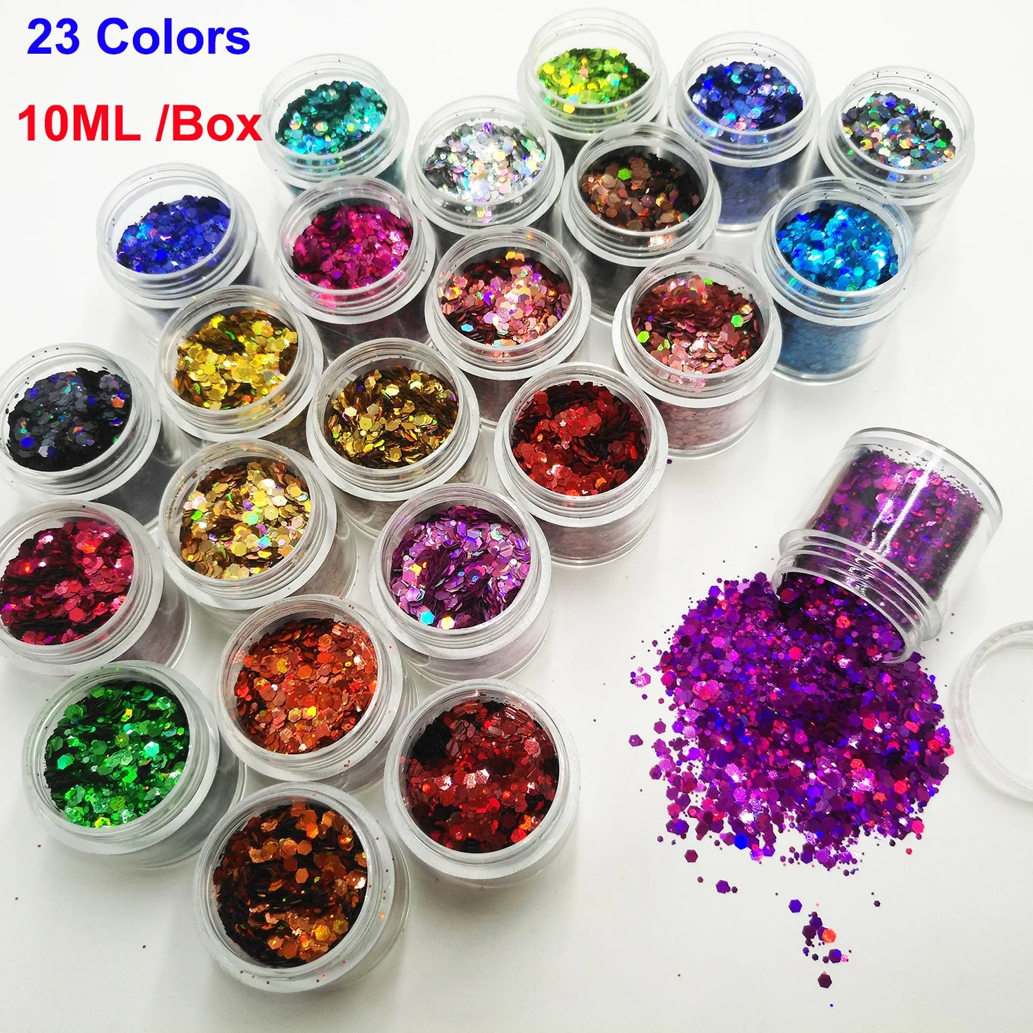 

24Colors 10ML BOX Holographic Laser Nail Glitter Mix Hexagon Chunky Paillette Shape for Art Body Makeup Craft Facepainting DIY