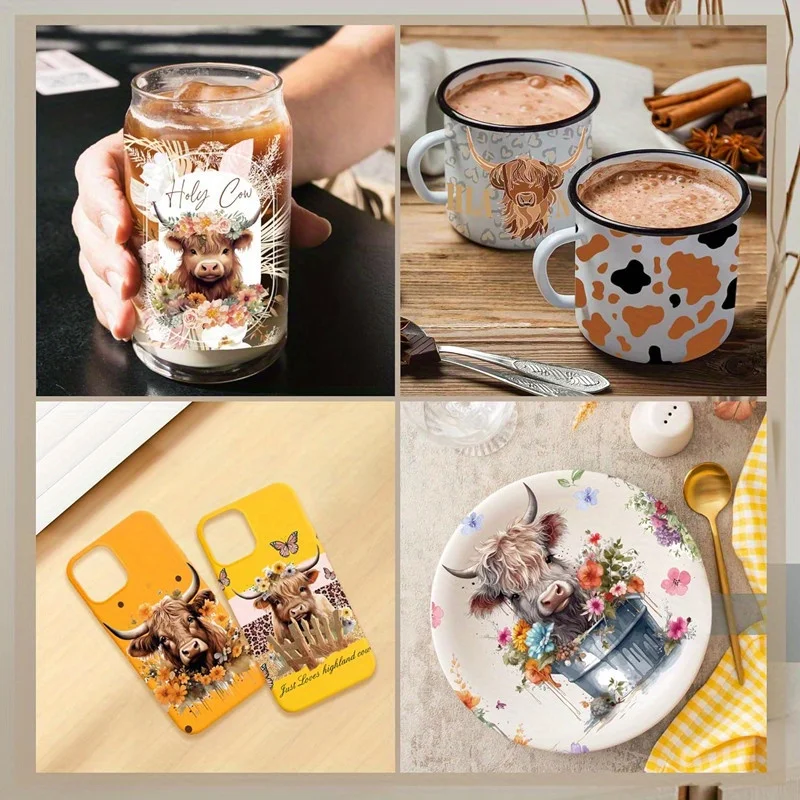 4PCS Cup Packaging Transfer Stickers, Highland Cow Flower Sunflower, Butterfly Flower Cow, Cow Print Friction Transfer Stickers