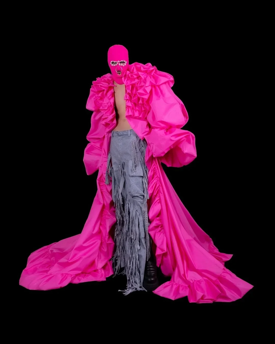 Eye Catching Fuchsia Long Women Jacket With Ruffles Timmed Details Puff Sleeves Stage Performance Dresses Long Robe Outwear