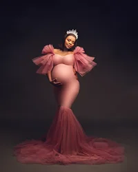 Glamorous Pink Mermaid Evening Dresses for Pregnant Women Off Shoulder Tiered Maternity Robes Customized Photography Gown