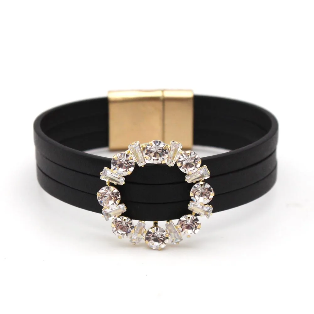 Leather Crystal Bracelets For Women 2022 Fashion Bracelets & Bangles Elegant Multilayer Wide Wrap Bracelet Female Jewelry Gift