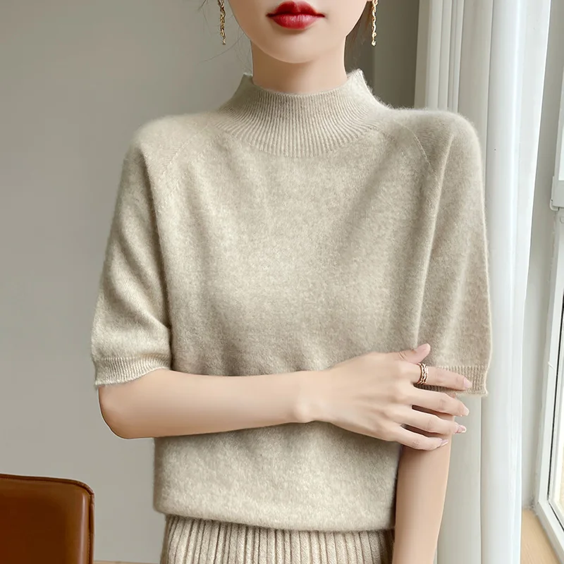 Autumn/Winter Semi-High-Necked Wool Knit Bottoming Shirt Short-Sleeved Pullover Women Close Fit Comfort Solid Semi-Sleeve Tops