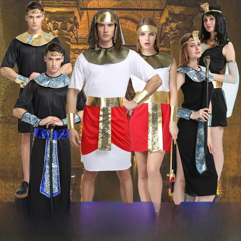 زي تنكري للهالوين للبالغين، زي الفرعون والملكة والملك، ملابس تقليدية للمسرح للنساء والرجال مصنوعة من البوليستر