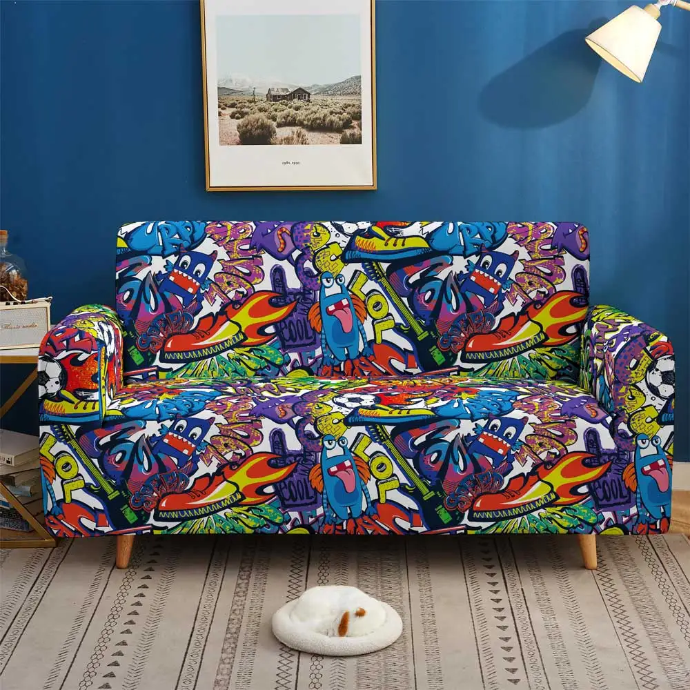 Hip Hop Sofa Cover Stretch Angle Printed Graffiti Elastic Couch Cover Cushion Cover for Home Corner Sectional Sofa Fundas Sofa