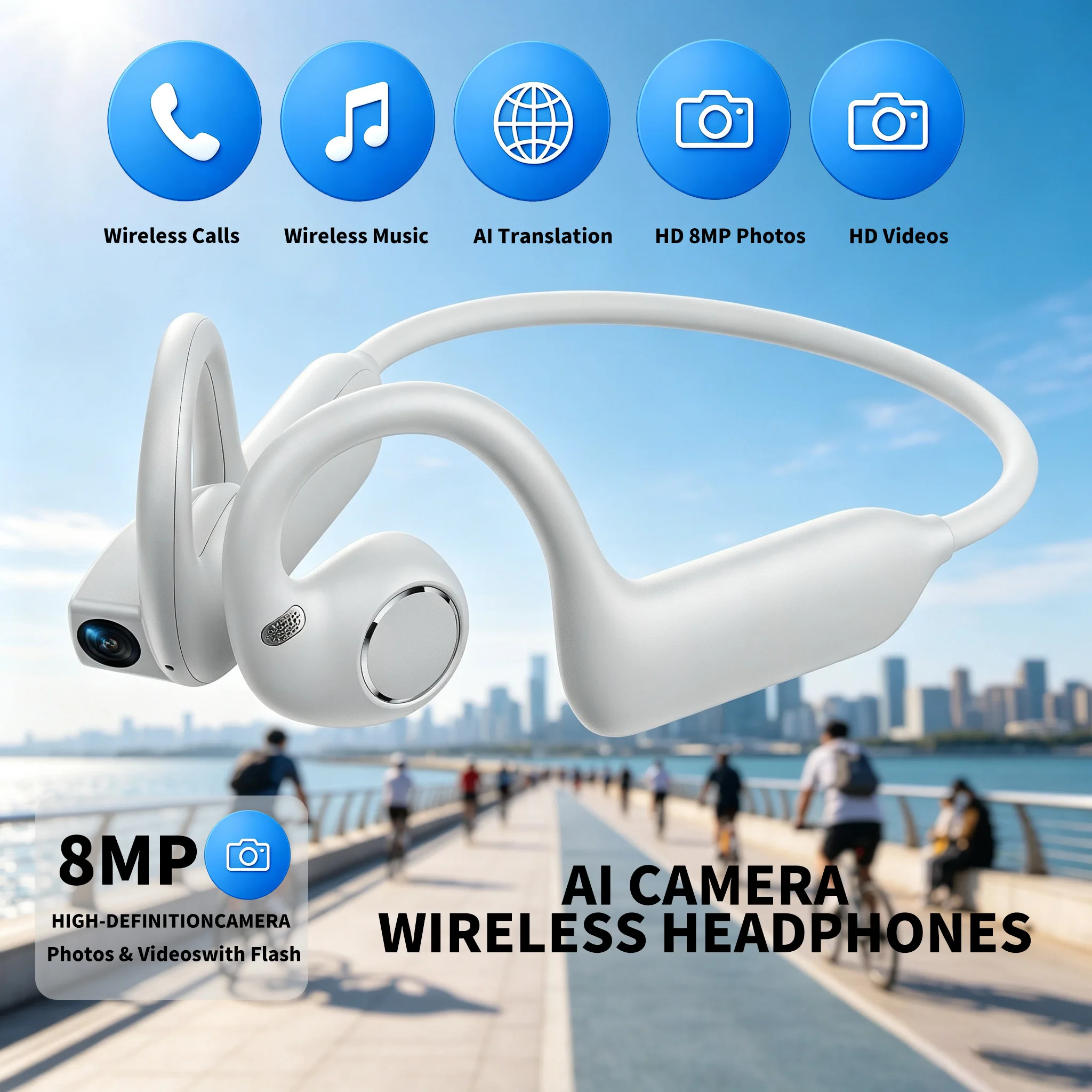 E12 Open Ear Headphones with HD Camera AI Voice Translator Wireless Bluetooth Sports Earphones for Running Cycling Vlog - view 6
