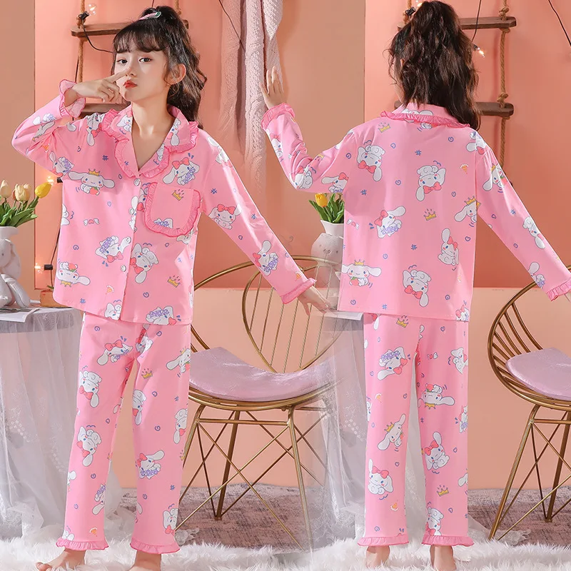 Pajamas For Girls In Spring And Autumn Long Sleeved Pants Cardigan Set Home Clothes Pajamas For Middle-aged Children