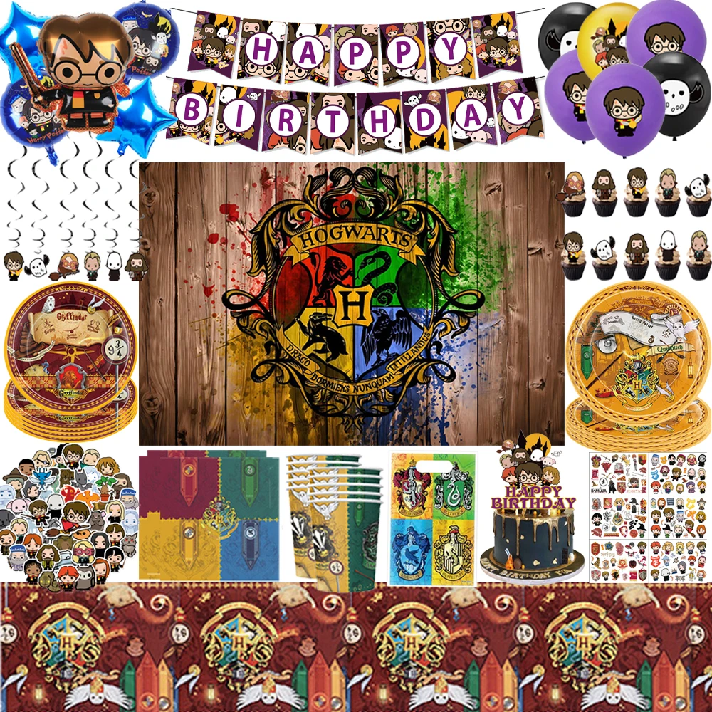 KAYOU-Juego de globos de Harry Potter para fiesta de cumpleaños, vajilla desechable, vasos, platos, servilletas, pancarta para niños, suministros de decoración para Baby Shower