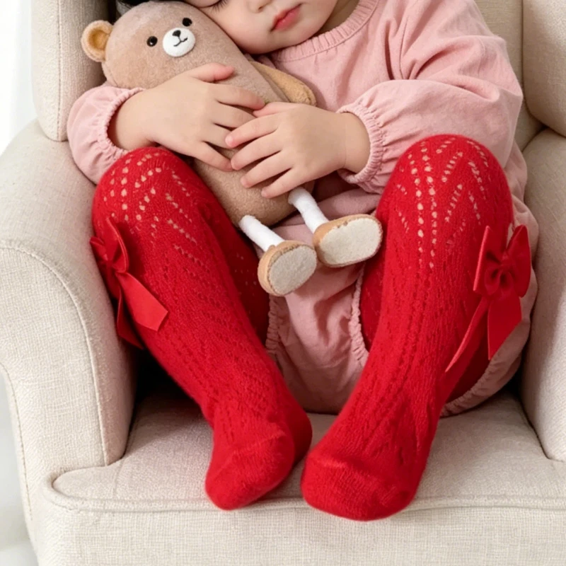 Lovely Hollow Bow Cotton Mesh Footed Tights for Sweet Children Breathable Lightweight Soft Comfortable Daily Casual Infant Pants
