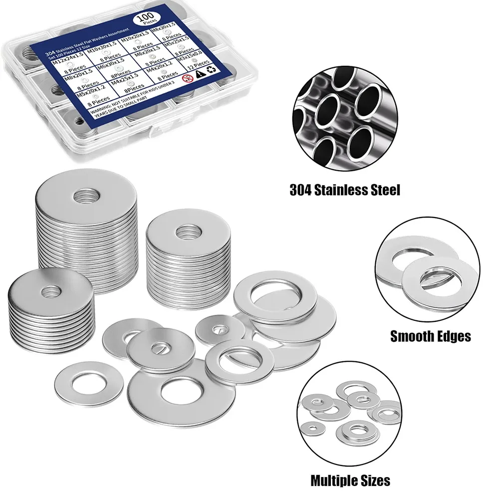 304 Stainless Steel Metal Flat Washers for Screws and Bolts 100 Pieces Assorted Washers Kit M3-M12 Large and Small Hardware Tool