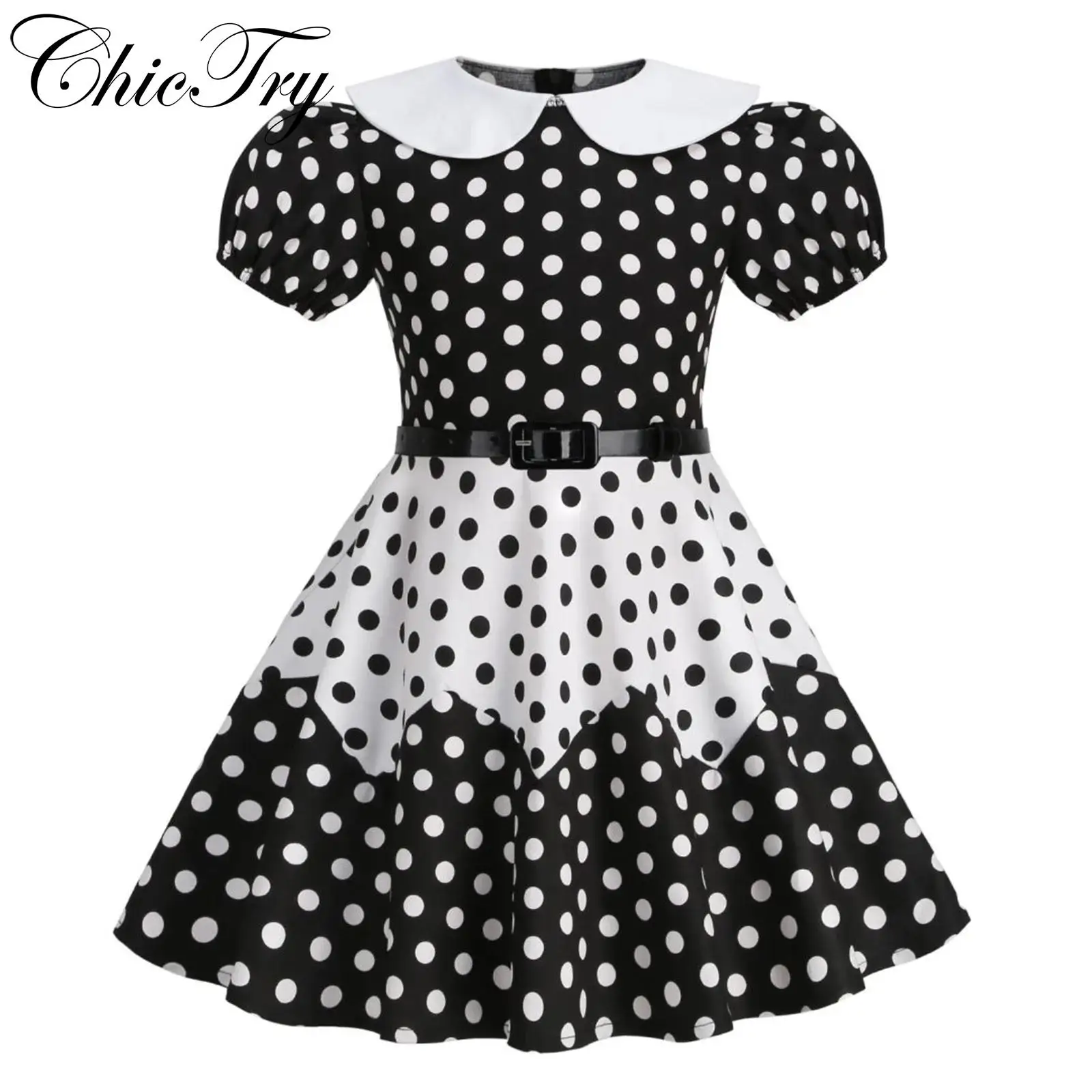 

Kids Girls Vintage Cosplay Dress Cute Lapel Collar Puff Sleeve High Waist A-line Dress Polka Dots Dress with Belt Summer Holiday