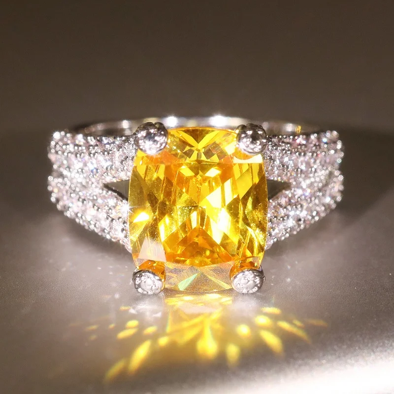 CAOSHI Brillante Gelbe Zirkonia-Ringe Elegante Silberfarbene Brautschmuck-Accessoires Feine Damen-Fingerzubehörteile