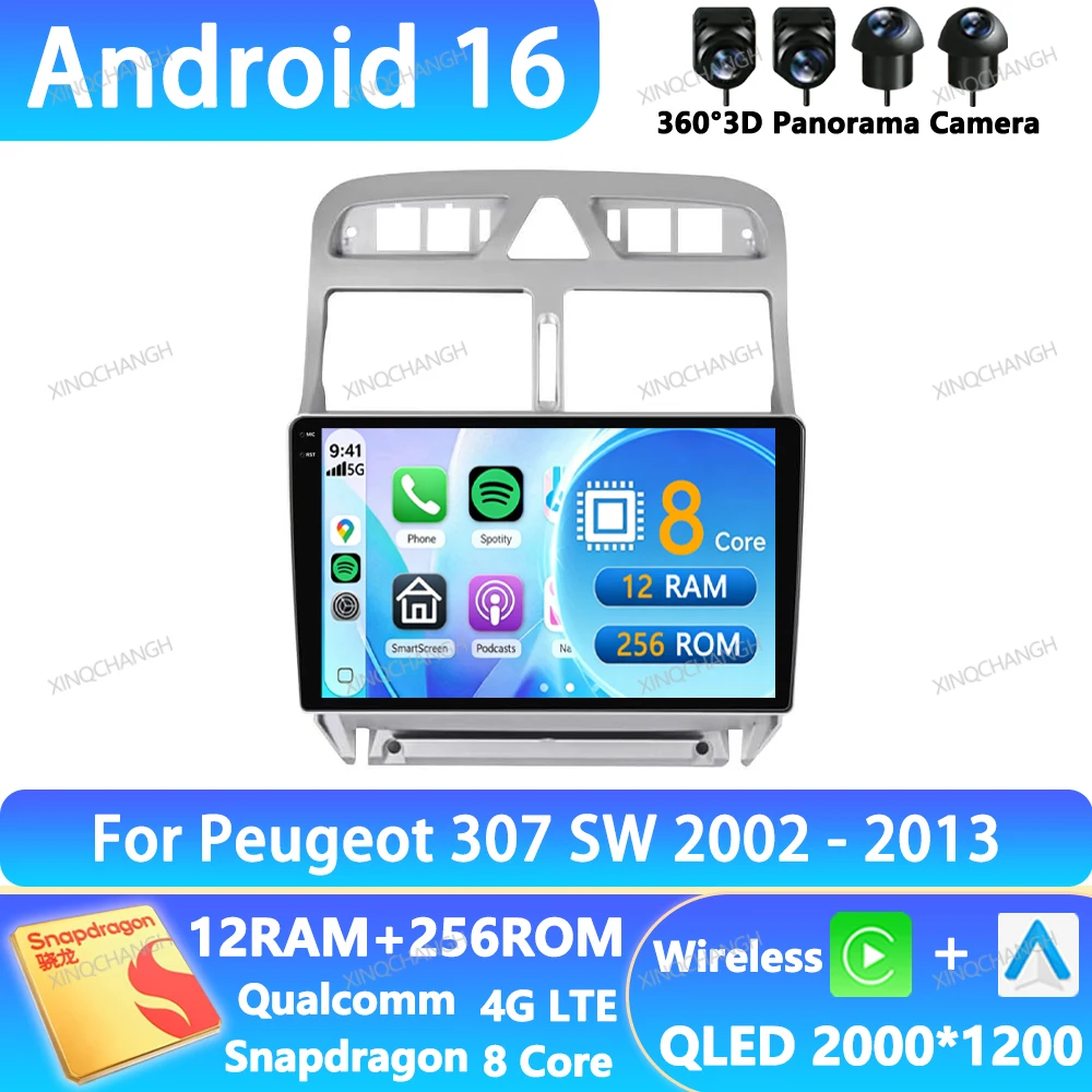 Android 16 Car Radio  For Peugeot 307 307CC 307SW 2002 - 2013 BT Navigation 2DIN Qualcomm Multimedia Stereo Video Player 4G WIFI