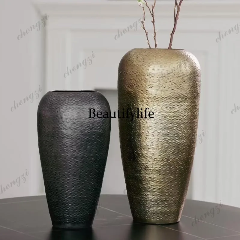Modern light luxury bronze gold stone ink knitted hammer pattern classic aluminum vase home decoration dry flower ornament
