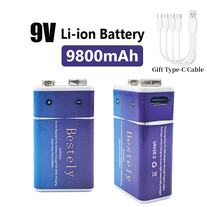 

9V PP3 6F22 6LR61 006P Rechargeable Li-ion Battery 9800mAh High Capacity with USB Charger for Smoke Detector, Alarm, Microphone