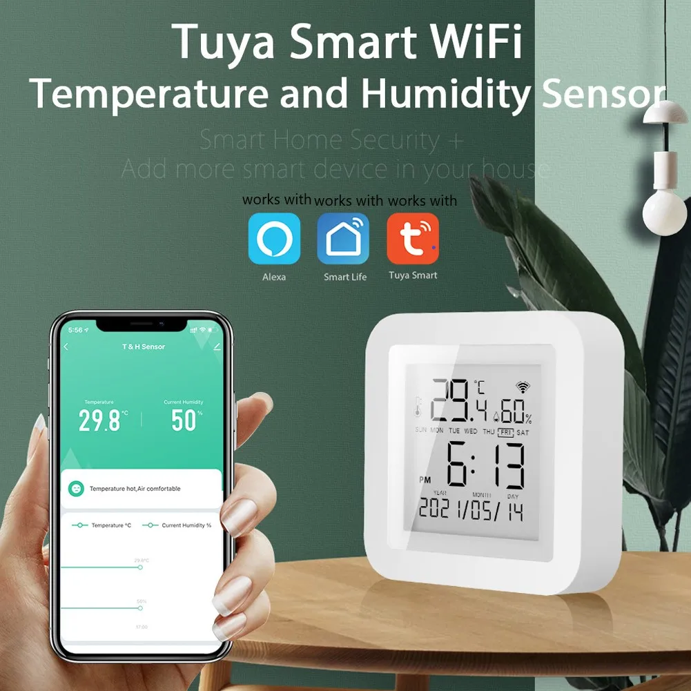 High Quality Hot Sale Modern Thermometer Humidity Recording Room Monitoring Sensor Smart Time WIFI Digital Display Home