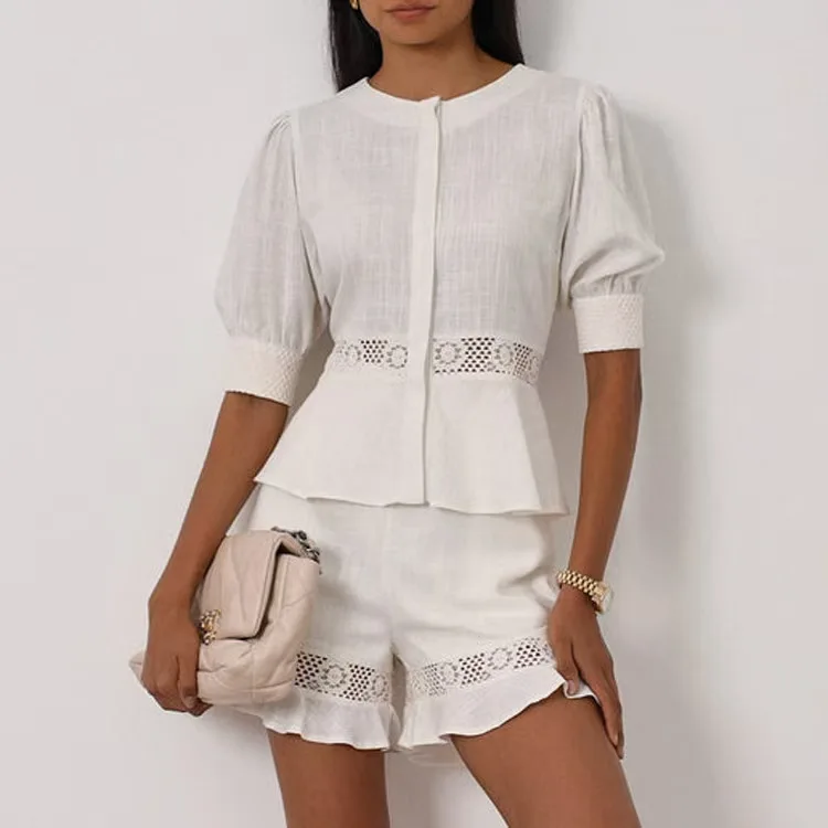 

Faionable round Ne Bubble Sve Hollow out Top And orts Set Cotton Summer Clothing Women's Ensemble ort Sve Outfit