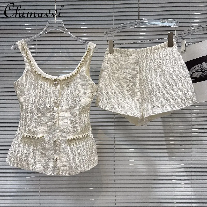 

2026 Spring and Summer New Fashion U-neck Pearl Trim Waist-cinching Vest and Shorts Tweed Set Elegant Women's Two-piece Outfit