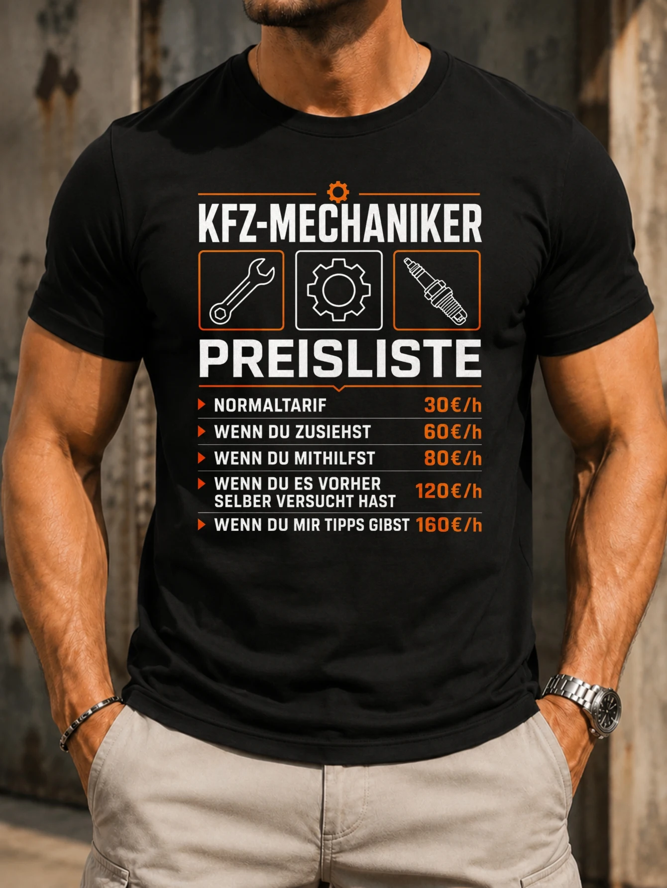 KFZMechaniker Preisliste wrench gear spark plug icons orange rate list and funny mechanic price  Unisex All T-Shirt