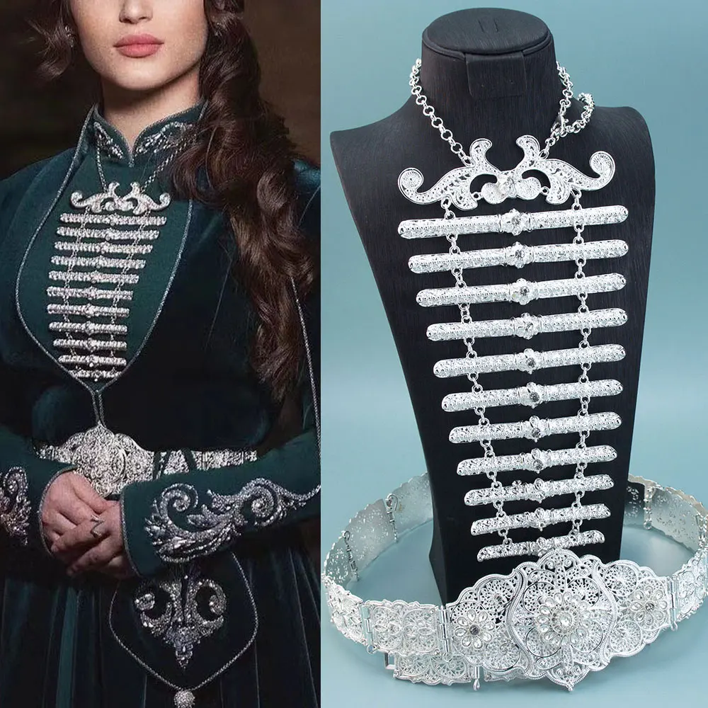 Retro Central Asian Caucasian Women Jewelry Set Metal Belt Chest Armor Necklace Relief Pattern RhinestoneTraditional Wedding
