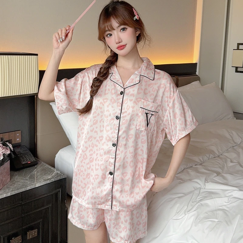 Cartoon Black Cat Cute Women Two-piece Pajamas Simulated Silk Summer Cool Short Lady Sleepwear 2024 New Classic Female Housewear