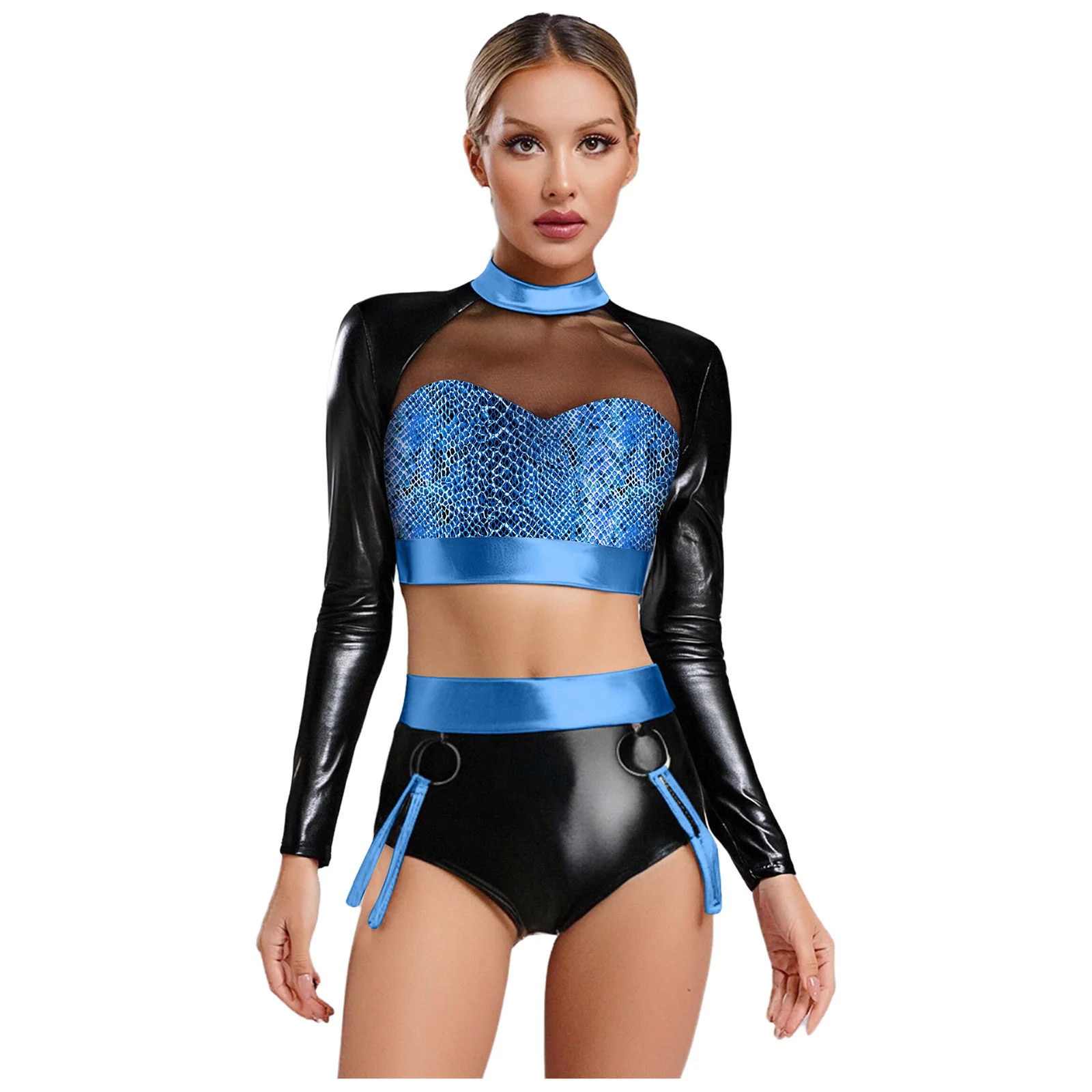 

Elegant Women's Ballet Dance Sets Snakeskin Shiny Long Sleeve Crop Tops And High Waist Shorts for Raves Disco Party Dance Outfit
