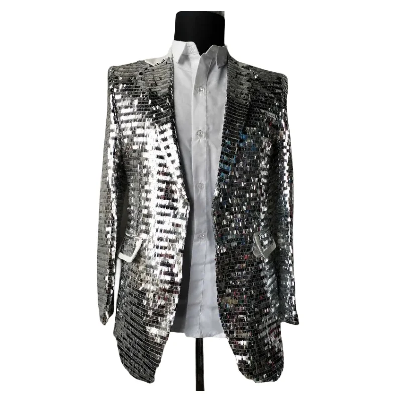 

Men's Silver Sequins Tuxedo Long Coat Magician Stage Performance Sequined Tailcoat Swallowtail Suit Jackets Singer Host Costumes