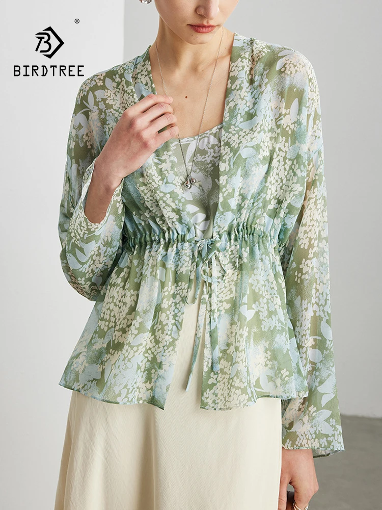 BirdTree-100%Real Silk Qiao Qi Elegant Shirt, V Neck Print, Women French Casual Loose 2 Piece Set Blouse, 2025 Summer T64361CC