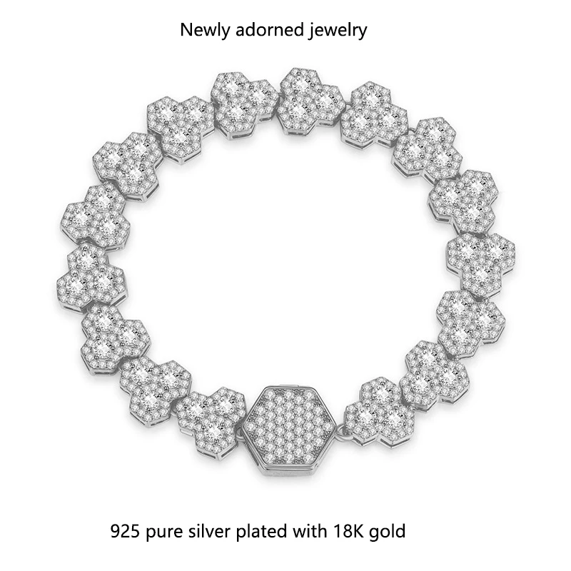 

925 Sterling silver encrusted full moissanite European and American hip-hop 14mm diamond hexagonal large gold chain Miami Cuban