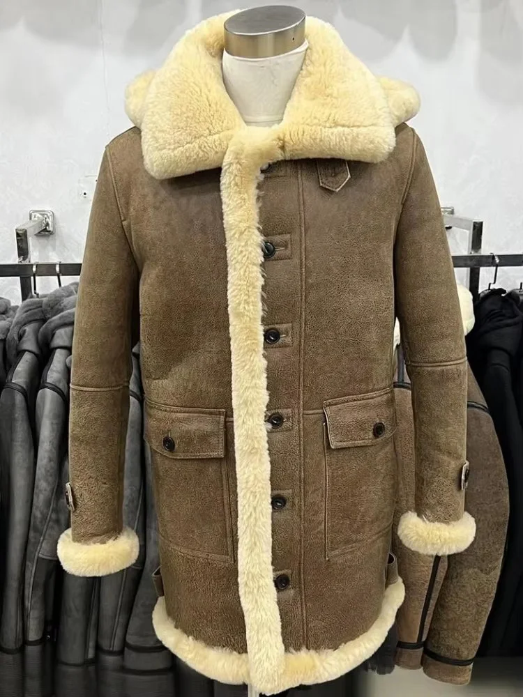 Negócios estilo casual cor sólida masculino mangas compridas com capuz pele real único breasted bolso artesanal casaco de pele de carneiro