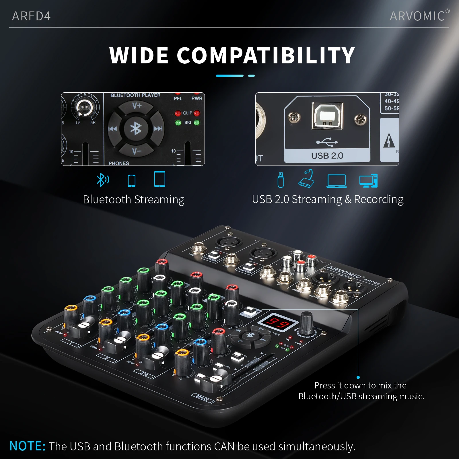 Do Brasil Mixer de áudio de 6 canais ARVOMIC DJ Mixer com interface de áudio USB, função Bluetooth, 16 efeitos DSP e equalizador de 3 bandas (ARMX-6)