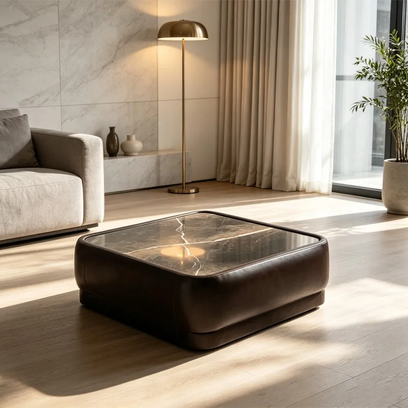 Fashion Luxury Leather-Wrapped Center Table Marble Top, Square Rounded Coffee Table for Villa Living Room, Dark Brown