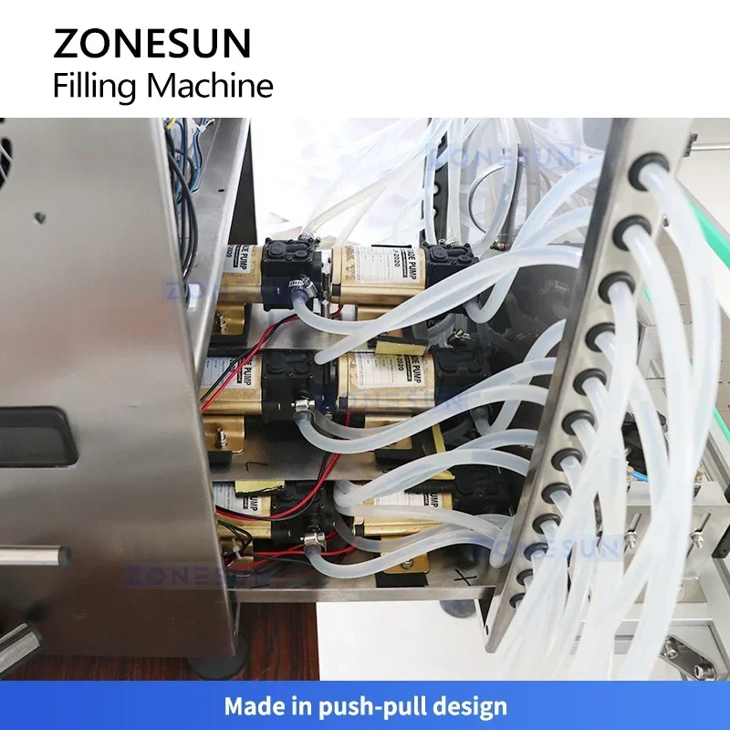 Zonesun เครื่องบรรจุของเหลวอัตโนมัติ 12 หัว 30-4000ml ขวดน้ําฟิลเลอร์ปั๊มไดอะแฟรมบรรจุภัณฑ์สาย ZS-VTDP12P