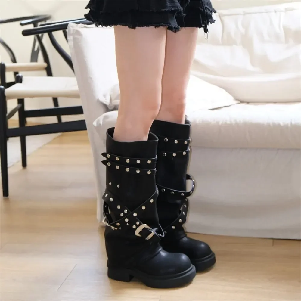 2024 New Maillard Style Gothic Motorcycles Boots for Women Black Punk Rivets Belt Knee High Boot Shoes Women Shoes Size 35-40