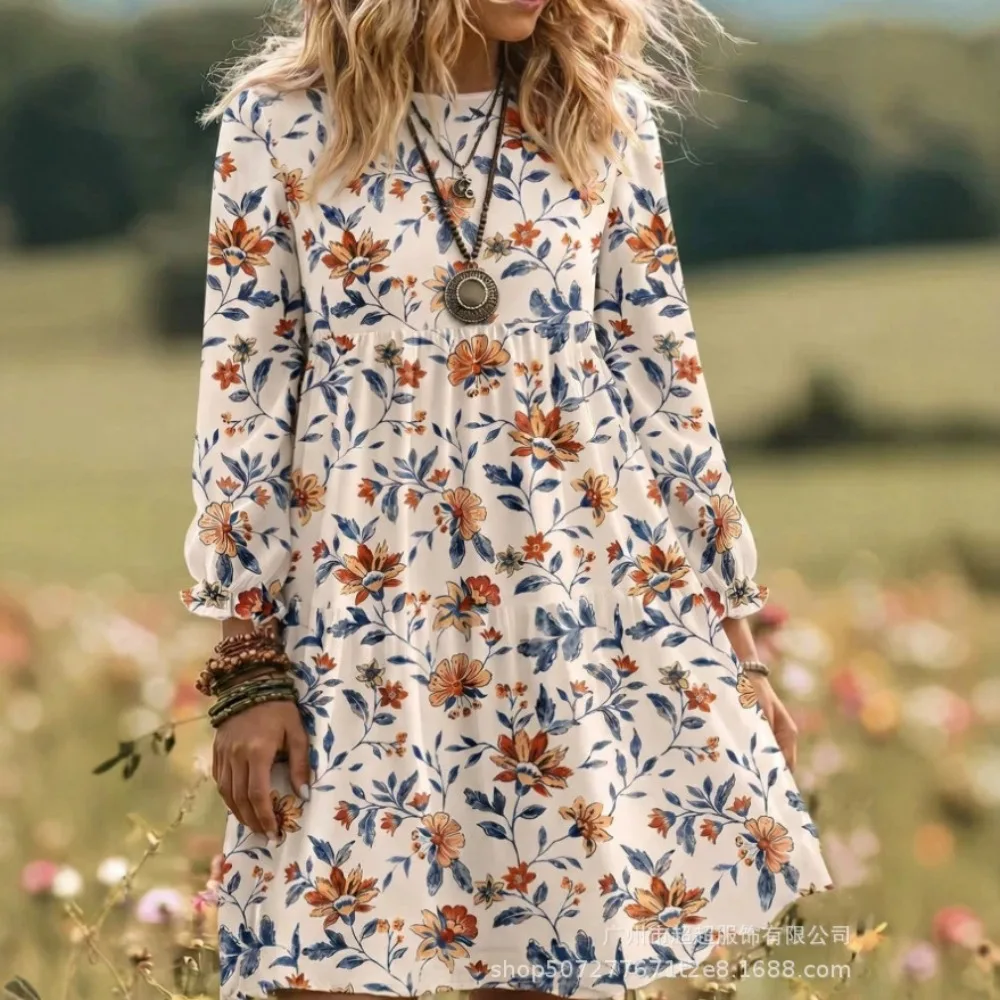 Women Bohemian Print Long Sleeve Maxi Dress Loose Round Neck 2026 Soft Breathable Casual Beach Vacation Daily Elegant New