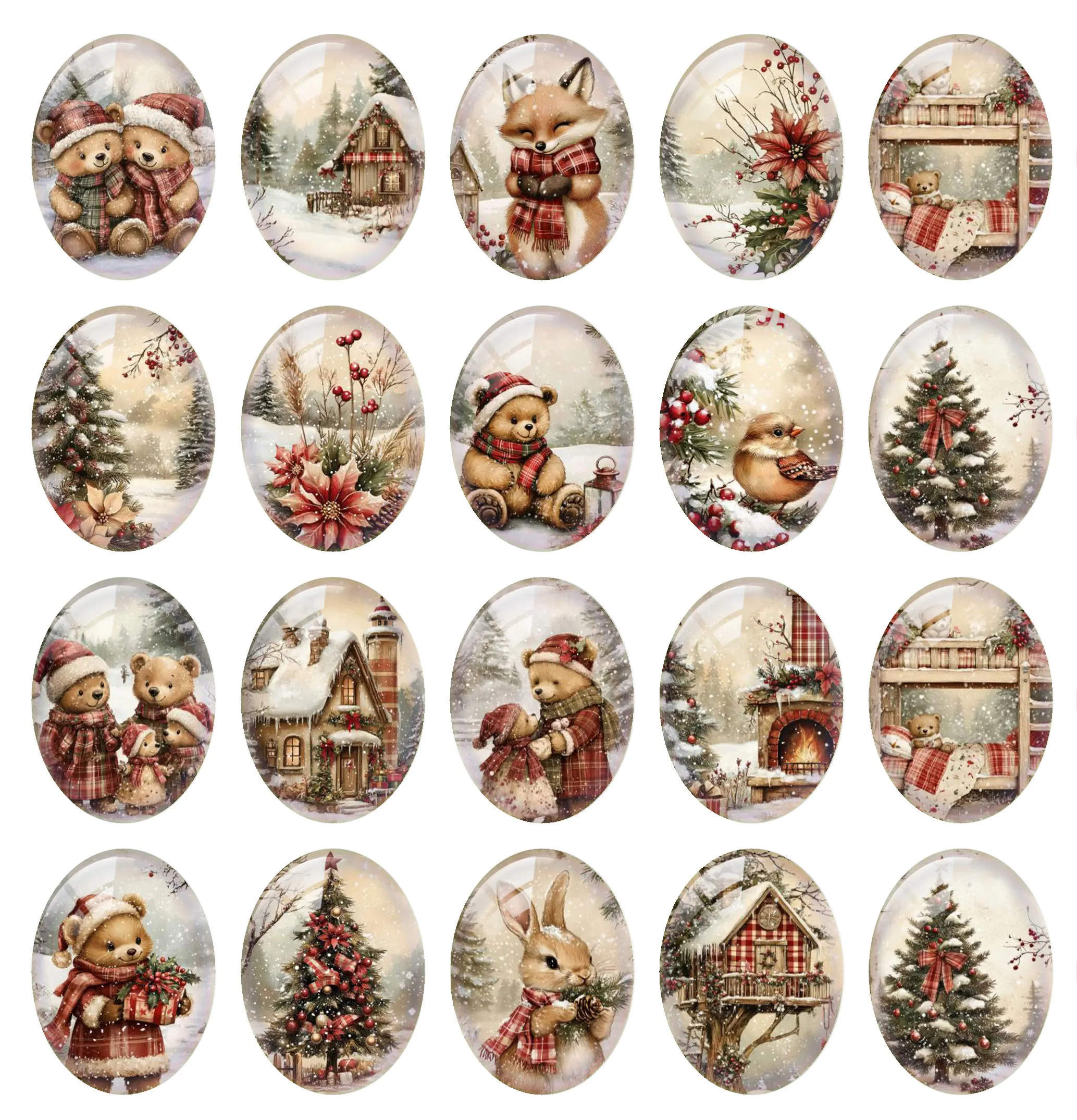 10pcs/lot Christmas Winter Snow Animals Rabbit Bear Fox Bird Oval Photo Glass Cabochon Flatback Demo Cameo Diy Jewelry Making